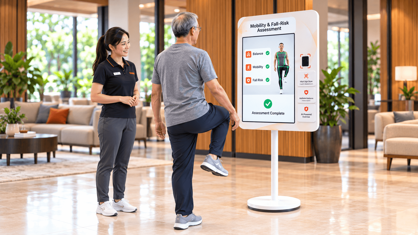 Visitor completing a mobility and fall-risk assessment on GOFA Connected Health Hub